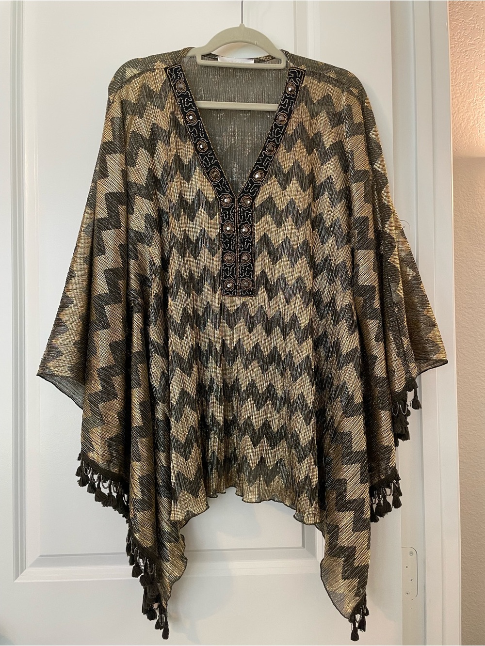 Embellished V-Neck Metallic Chevron Poncho in Gold and Black